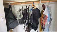 Various bags and hanging scarves including backpacks and the large black bongo drum bag seen closed and hanging in closet