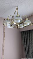 Chandelier hanging showing full body and chain, brass finish, five arms with bell-shaped frosted glass shades.