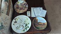 Three decorative plates laid out on a table showing different detailed scenic designs.
