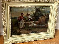Full view of framed 19th century oil painting depicting two rural women with a cow at a water trough in a pastoral landscape.