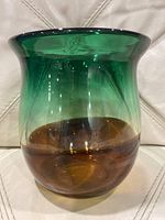 Angelo Rossi art glass vase showing the front angle with gradient green to amber coloring and smooth flared rim