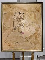 Full view of the framed vintage oil painting depicting a dreaming woman with child, showing textured and abstract style with muted earth tones.