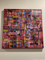 Full view of colorful abstract geometric painting on square canvas