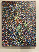 Full view of the 18x24 abstract painting with colorful, dense brush strokes.