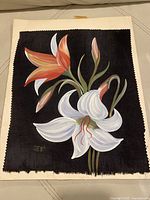 Full view of signed silk flower painting showing the detailed floral design and pinked edges.