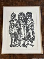 Overall view of framed lithograph showing image, mat and frame