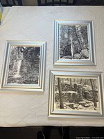 Overhead view of three framed black and white prints on a table, showing natural forest scenes with waterfalls and rocks.