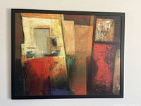 Frontal image of large abstract print showing dominant reds, beige, and other colors with heavy texture.