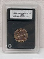 Slabbed coin encapsulated in a clear plastic holder with label stating 1976-D Washington 25c, MS70, INB Certified Full Strike.