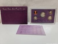 Full view of the 1988 United States Mint Proof Set, including protective purple outer envelope, sealed plastic case with all coins, and specification sheet.