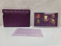 Original purple textured sleeve with set title, purple insert holding proof coins, and certificate of authenticity for 1990 U.S. Mint Proof Set.