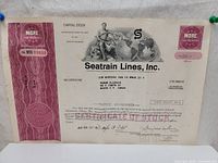 Stock certificate from Seatrain Lines, Inc. showing 300 shares issued to Frank M. Lewis, dated Aug 24, 1973 with detailed globe and figure artwork.