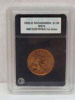 Front of encapsulated 2000-D Sacagawea dollar coin slab showing certification label by INB Certified grading it MS70 Full Strike.