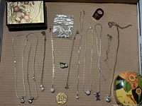 Top down view of all jewelry items spread out, including necklaces, a decorative ring, and earrings in plastic bag, laid on cardboard surface