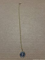 Full view of the chain necklace with the pendant at the bottom against a corrugated cardboard background.