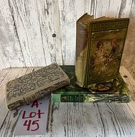 Three vintage books stacked and arranged: The Bobbsey Twins with illustrated front cover visible, two other books with aged cloth bindings beneath on wooden surface.
