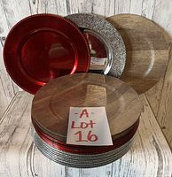 Top view of three types of charger plates stacked showing colors and textures