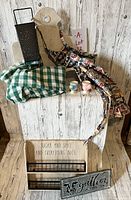 Full lot showing grater, towel, salt and pepper shakers, wooden sign with baskets, and metal gather sign