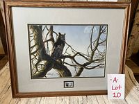 Framed Northern Wilderness Edition owl print titled "Dusk" showing overall condition and framing.