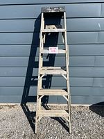 Full view of the 6 foot Featherlite aluminum step ladder standing upright, showing all steps and structure, with visible paint splatters.