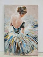 Full frontal image of vintage acrylic painting showing ballerina from behind in colorful tutu and black dress on canvas.