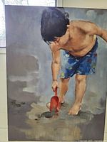 Full front view of the oil on canvas painting showing a young boy bending forward holding a red shovel, wearing blue shorts, on a grayish background.