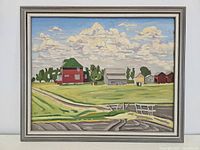 Frontal view of framed painting showing prairie landscape, red house, barns under cloudy sky