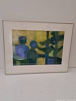 Full view of the framed pastel drawing showing abstract figures in blue, green, yellow hues.