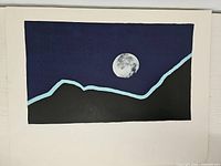 Front view of vintage silkscreen print showing stylized night landscape with moon and blue horizon line