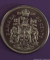 Image of front side of the 1960 Canadian 50-cent coin showing the Canadian coat of arms with text.