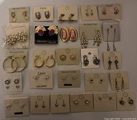 Full view of 25 pairs of earrings on assorted branded cards showing styles and colors