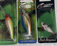 Three new fishing baits in original packaging, showing details of color and hooks