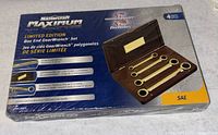 Front of sealed Mastercraft Maximum limited edition 4-piece gold plated gear wrench set in box showing branding, 87th anniversary, specifications and SAE size indication.