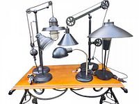 Five different industrial style metal desk lamps with various pulley and arm designs on a wood and metal stand table.