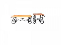 Side view showing both coffee and side table, highlighting wood tops and wrought iron bases.