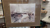 Full view of the framed acrylic artwork depicting boats in harbor.