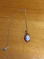 Full view of cameo pendant with attached chain laid flat on wood surface