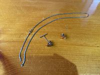 Overall view of broken chain and two pins on wooden surface