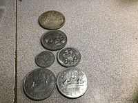 Six vintage Canadian coins arranged in single file, showing the 1974 and 1980 $1 coins with canoe design, 1965 silver $1 coin, Manitoba commemorative $1 coin, 1924 5 cent coin, and 1974 50 cent coin.