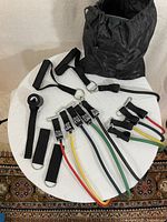 Resistance bands, handles, door anchor, and carrying bag arranged on a white surface showing the full set.