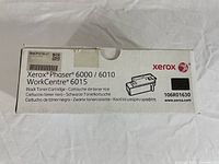 Box of Xerox black toner cartridge, showing compatibility with Phaser 6000 / 6010 and WorkCentre 6015, part number 106R01630.