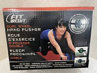 Box for the Fit Circuit Dual Wheel Hand Pusher Abdominal Roller showing product features.