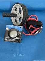 Photo showing entire lot items arranged on yoga mat including ab roller, resistance band, and weighted ball box.