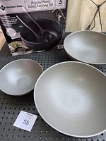 Three ceramic charcoal matte serving bowls display with boxed acacia wood salad serving set in background, showing item size and condition.