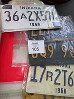 Indiana vintage prop license plates 1968 close-up, showing plastic plates and embossed numbers 36A 2X 574 and 17R 2T 6