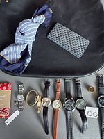View of all items displayed: seven wristwatches, earrings, rings, handbag, wallet, and scarf