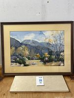 Overall view of framed painting showing landscape scene