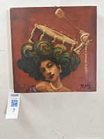 Full frontal view of the 12x12 painting showing the surreal portrait of a woman with a floating drum above her head, signed Pukac '08.