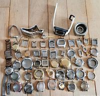 Overview of all watch cases, bracelets, loupe, stem and press block