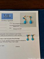 Facets Gem Services jewellery appraisal sheet showing earrings pinned top right, item details, stone and metal specs, appraised value